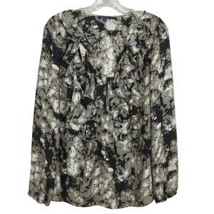 Anne Klein Womens Blouse Black & White Abstract Ruffle Long-Sleeve Career Size S